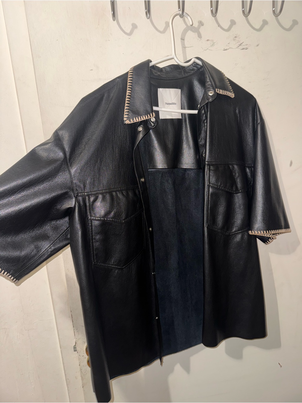 Nanushka Black Short-Sleeve Leather Shirt Jacket With Contrast Stitching
